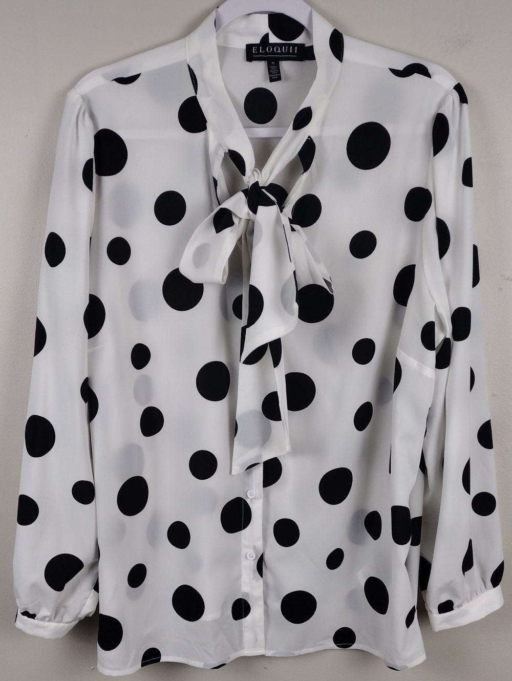 ELOQUII White Black Polka Dot Tie Collar V-Neck Button Down Long Sleeve Blouse